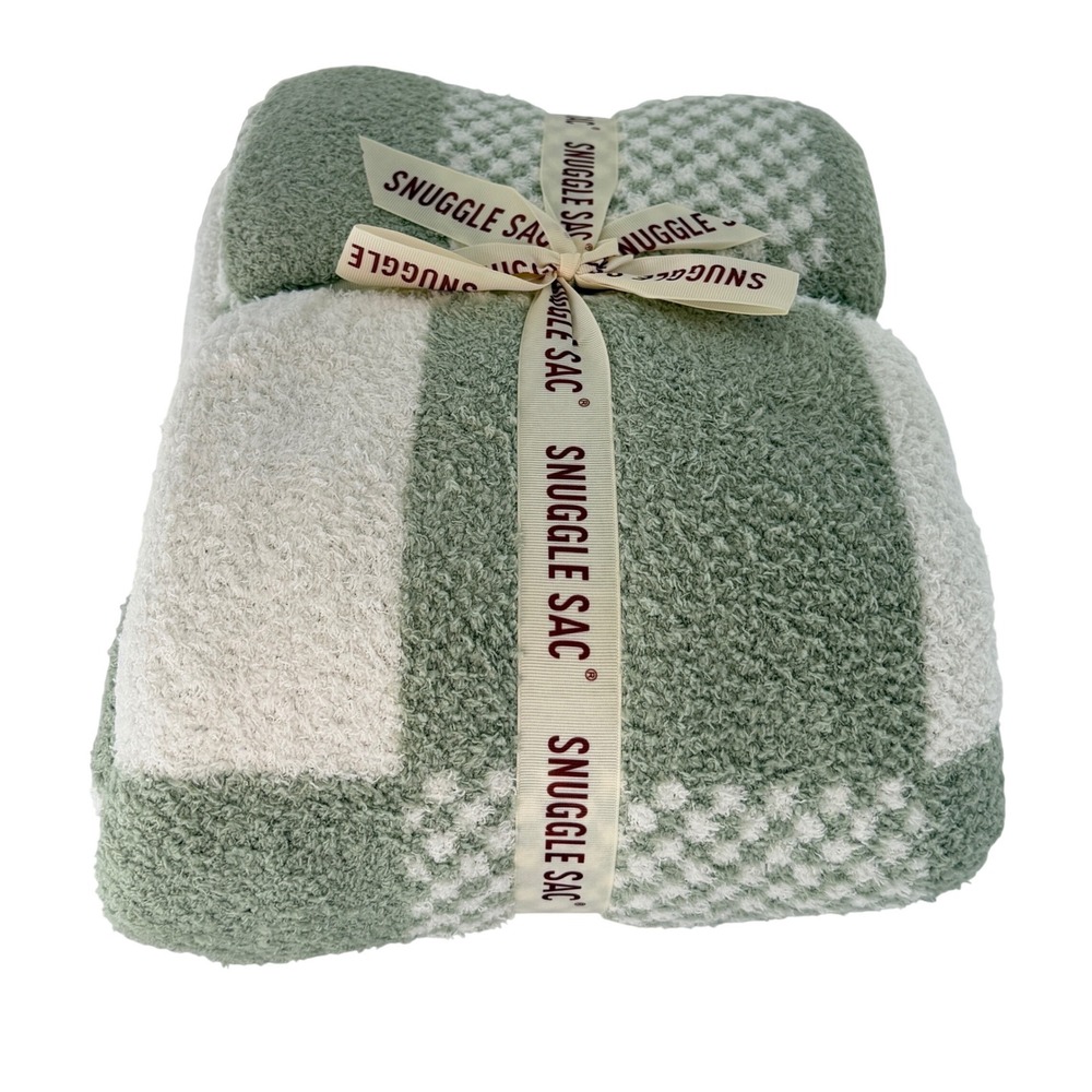 SNUGGLE SAC Plush Throw Blanket Green White Checkered Cozy Soft Gift‎